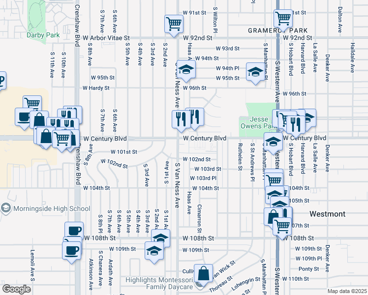 map of restaurants, bars, coffee shops, grocery stores, and more near 2126 West Century Boulevard in Los Angeles