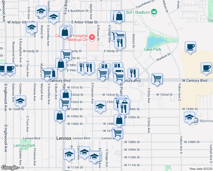 map of restaurants, bars, coffee shops, grocery stores, and more near 4040 West Century Boulevard in Inglewood