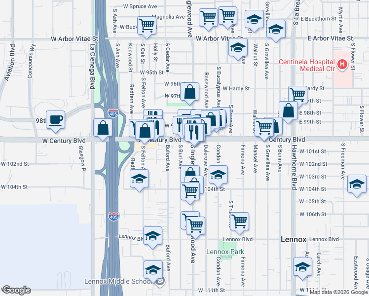 map of restaurants, bars, coffee shops, grocery stores, and more near 10014 South Burl Avenue in Inglewood