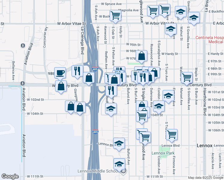 map of restaurants, bars, coffee shops, grocery stores, and more near 5014 West Century Boulevard in Inglewood