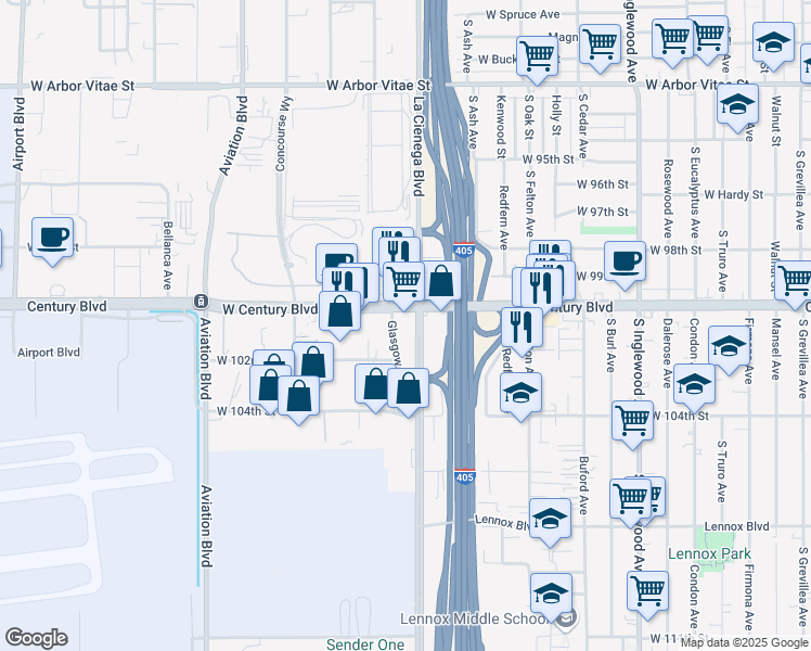 map of restaurants, bars, coffee shops, grocery stores, and more near 5200 West Century Boulevard in Los Angeles