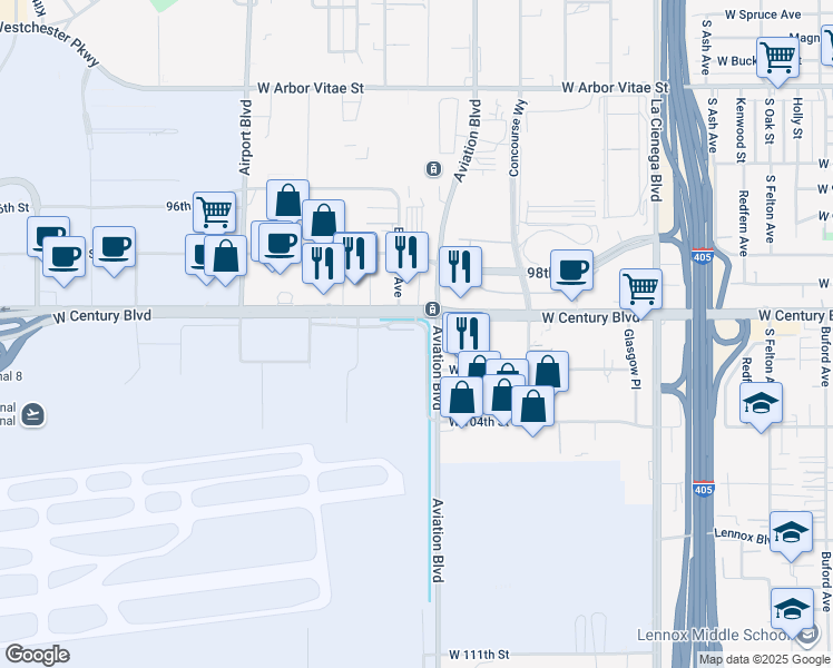 map of restaurants, bars, coffee shops, grocery stores, and more near 5701 Century Boulevard Serv Road in Los Angeles