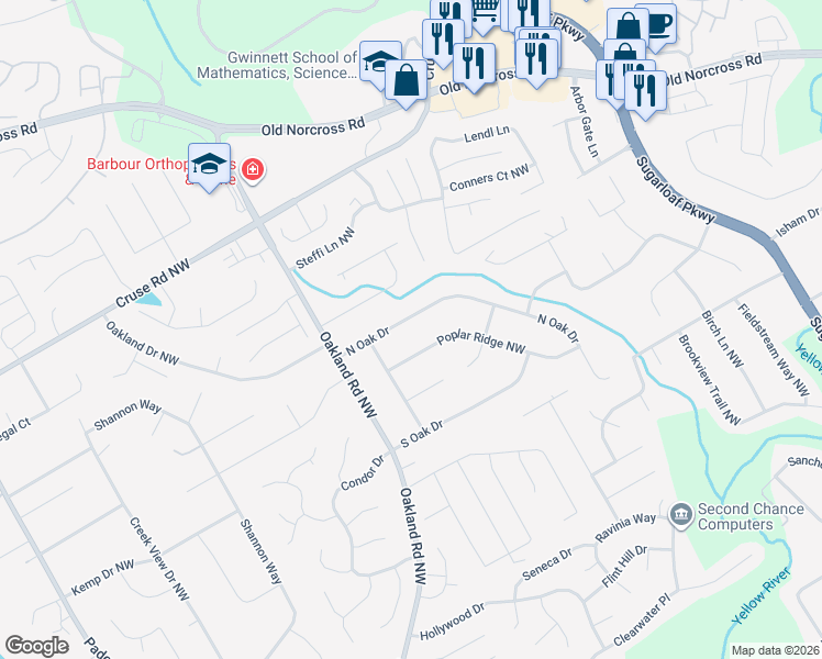 map of restaurants, bars, coffee shops, grocery stores, and more near 2012 North Oak Drive in Lawrenceville