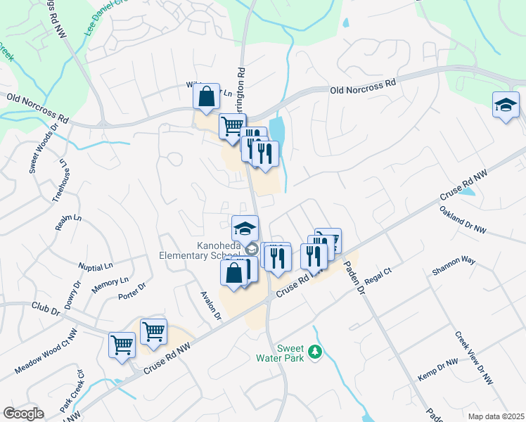 map of restaurants, bars, coffee shops, grocery stores, and more near 2496 Emma Way Northwest in Lawrenceville