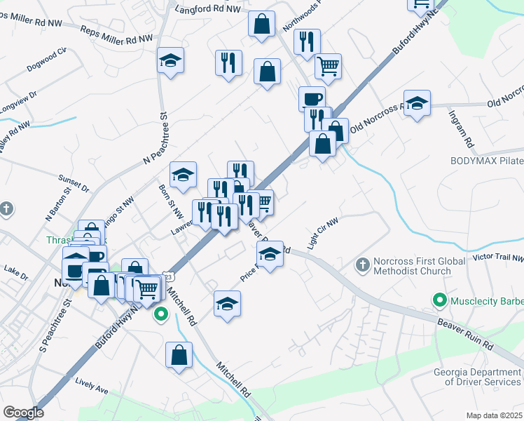 map of restaurants, bars, coffee shops, grocery stores, and more near 5440 U.S. 23 in Norcross