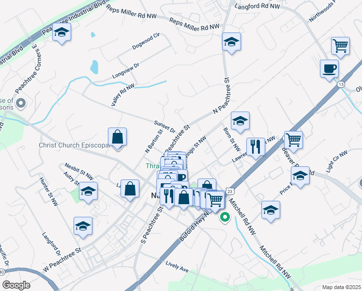 map of restaurants, bars, coffee shops, grocery stores, and more near 170 West Peachtree Street in Norcross
