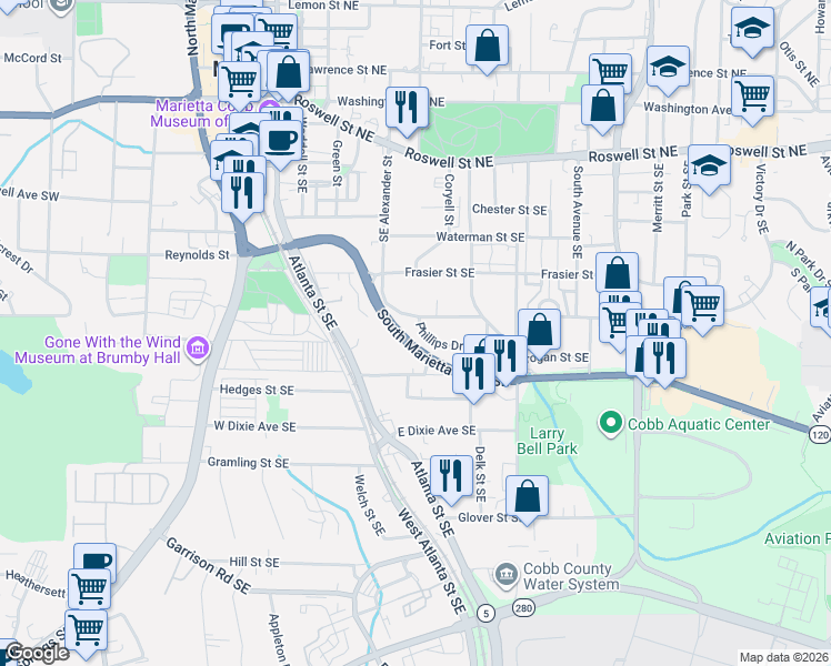 map of restaurants, bars, coffee shops, grocery stores, and more near 400 Southeast Alexander Circle in Marietta