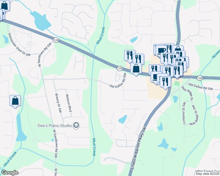 map of restaurants, bars, coffee shops, grocery stores, and more near 2765 Old Dallas Road Southwest in Marietta
