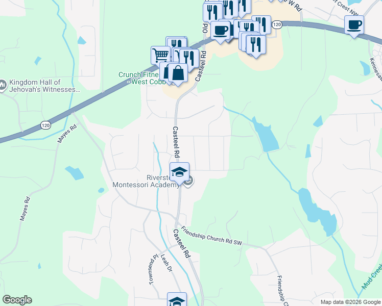 map of restaurants, bars, coffee shops, grocery stores, and more near 358 Nottingham Way Southwest in Marietta