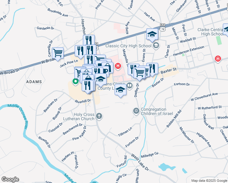 map of restaurants, bars, coffee shops, grocery stores, and more near 1235 Baxter Street in Athens