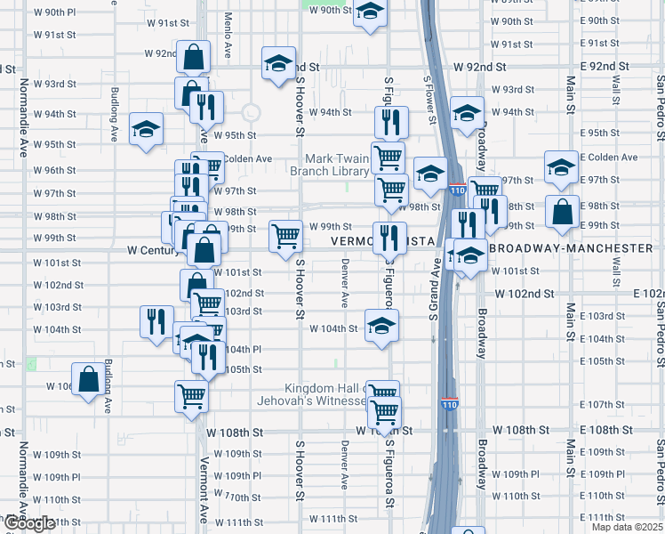 map of restaurants, bars, coffee shops, grocery stores, and more near 619 West 101st Street in Los Angeles