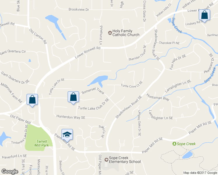 map of restaurants, bars, coffee shops, grocery stores, and more near 3418 Turtle Cove Court Southeast in Marietta