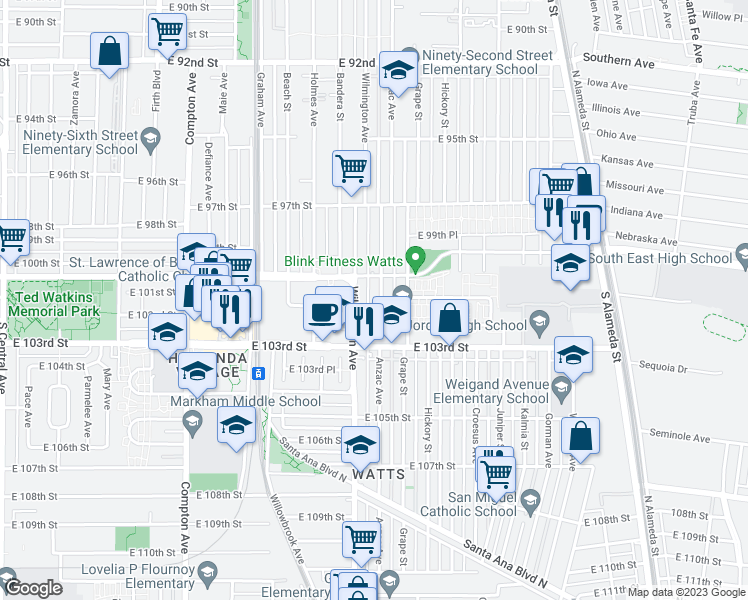 map of restaurants, bars, coffee shops, grocery stores, and more near 10103 Anzac Avenue in Los Angeles