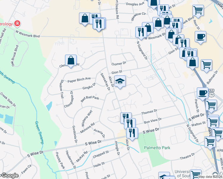 map of restaurants, bars, coffee shops, grocery stores, and more near 905 Sassafras Drive in Sumter