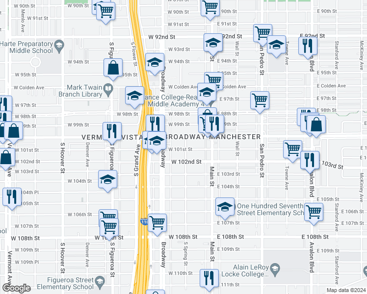 map of restaurants, bars, coffee shops, grocery stores, and more near 201 West 101st Street in Los Angeles