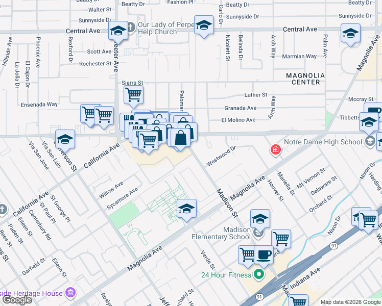 map of restaurants, bars, coffee shops, grocery stores, and more near 4012 Madison Street in Riverside