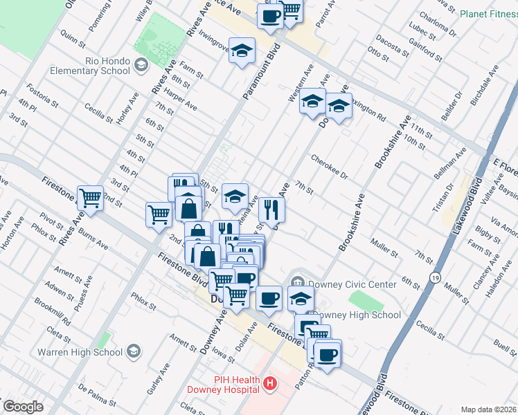 map of restaurants, bars, coffee shops, grocery stores, and more near 8217 5th Street in Downey