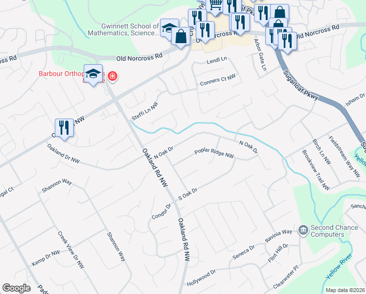 map of restaurants, bars, coffee shops, grocery stores, and more near 2012 North Oak Drive in Lawrenceville