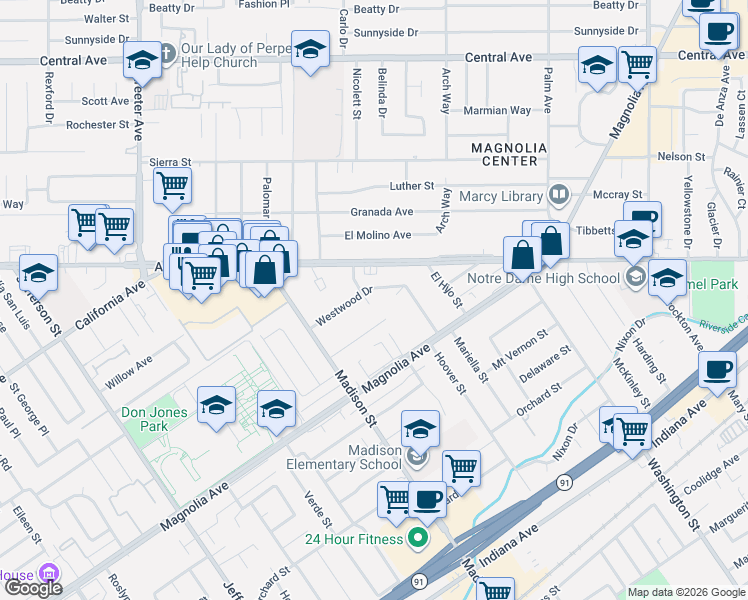 map of restaurants, bars, coffee shops, grocery stores, and more near 3925 Aden Way in Riverside