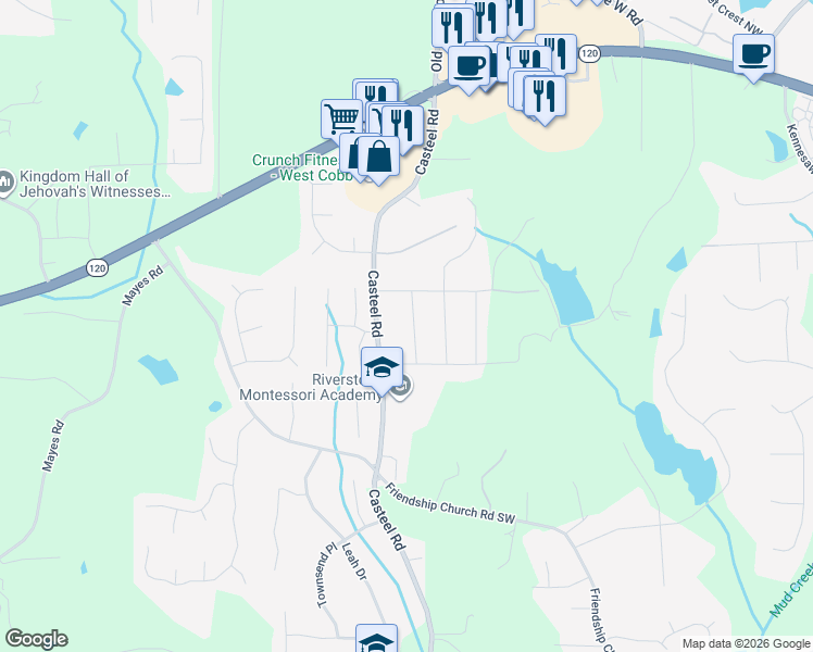 map of restaurants, bars, coffee shops, grocery stores, and more near 358 Nottingham Way Southwest in Marietta