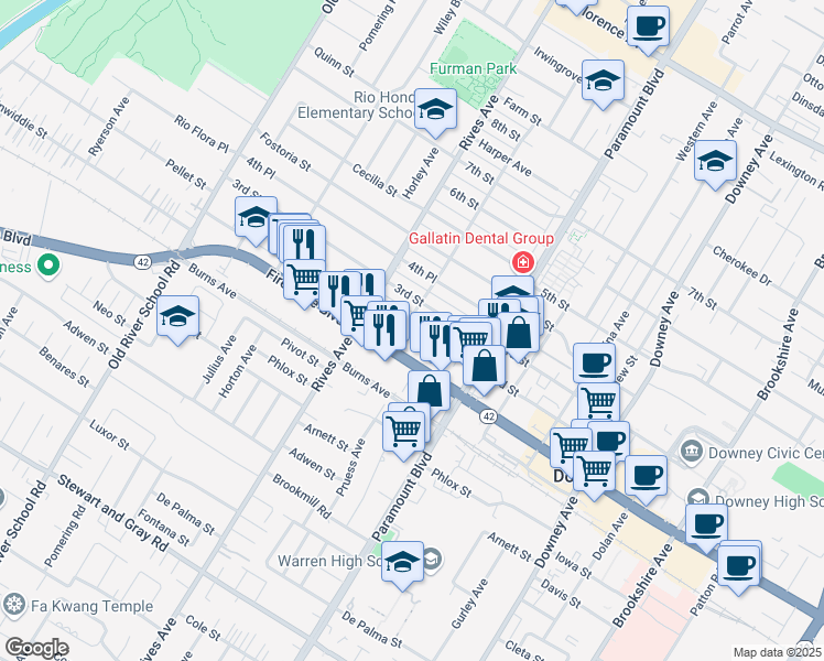 map of restaurants, bars, coffee shops, grocery stores, and more near 7904 2nd Street in Downey