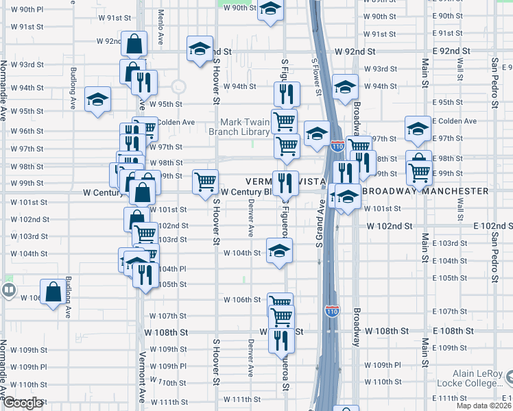 map of restaurants, bars, coffee shops, grocery stores, and more near 551 West 101st Street in Los Angeles