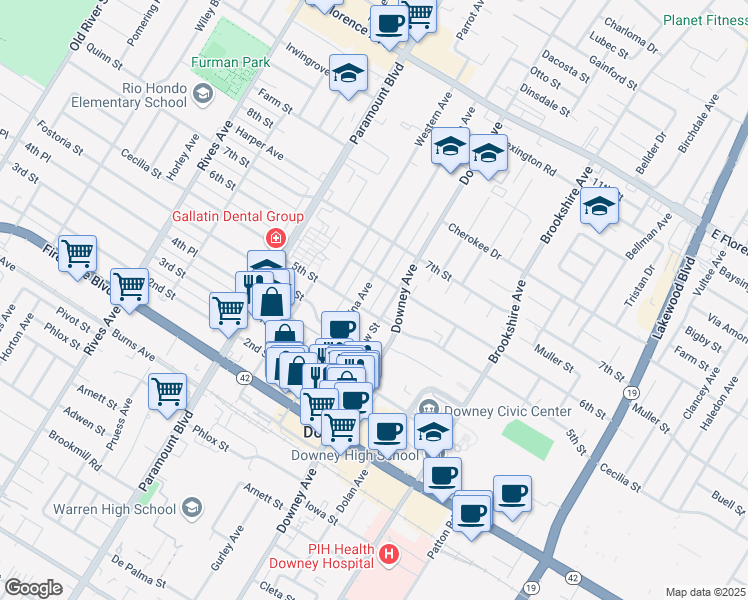 map of restaurants, bars, coffee shops, grocery stores, and more near 8217 5th Street in Downey