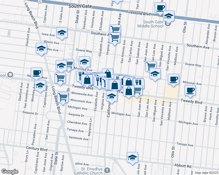 map of restaurants, bars, coffee shops, grocery stores, and more near 3481 Tweedy Boulevard in South Gate