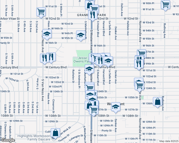 map of restaurants, bars, coffee shops, grocery stores, and more near 10011 South Western Avenue in Los Angeles