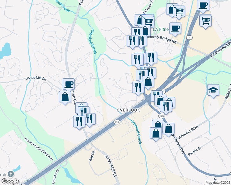 map of restaurants, bars, coffee shops, grocery stores, and more near 6520 Hillandale Drive in Norcross