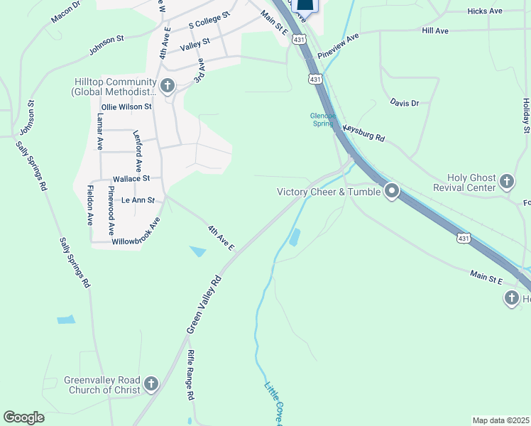 map of restaurants, bars, coffee shops, grocery stores, and more near 300 Green Valley Road in Gadsden