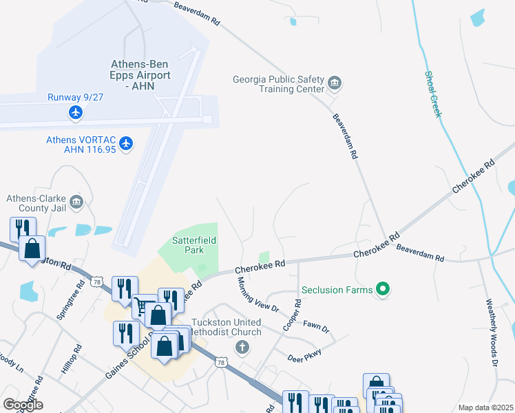 map of restaurants, bars, coffee shops, grocery stores, and more near 180 Sycamore Lane in Athens
