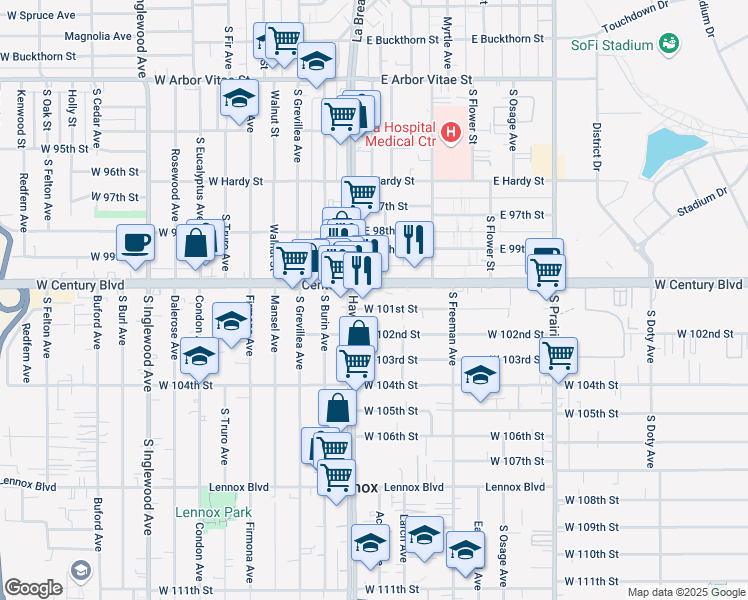 map of restaurants, bars, coffee shops, grocery stores, and more near 10012 Hawthorne Boulevard in Inglewood