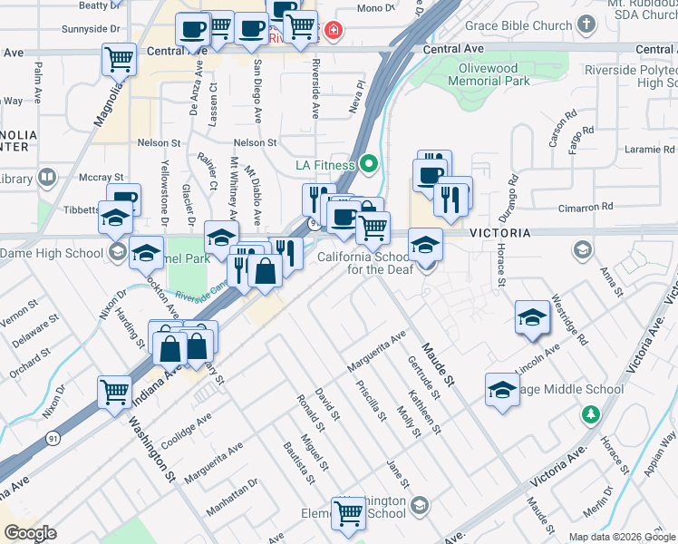 map of restaurants, bars, coffee shops, grocery stores, and more near 6561 Piccadilly Street in Riverside