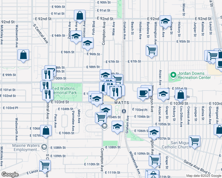map of restaurants, bars, coffee shops, grocery stores, and more near 1643 East 103rd Street in Los Angeles