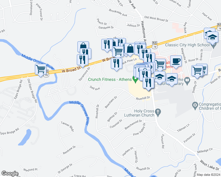 map of restaurants, bars, coffee shops, grocery stores, and more near 759 Riverhill Drive in Athens