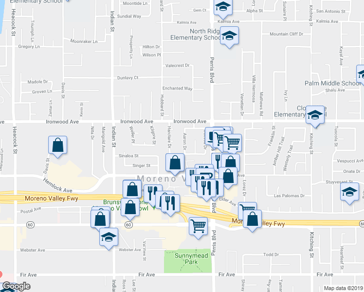 map of restaurants, bars, coffee shops, grocery stores, and more near 12141 Aaron Drive in Moreno Valley