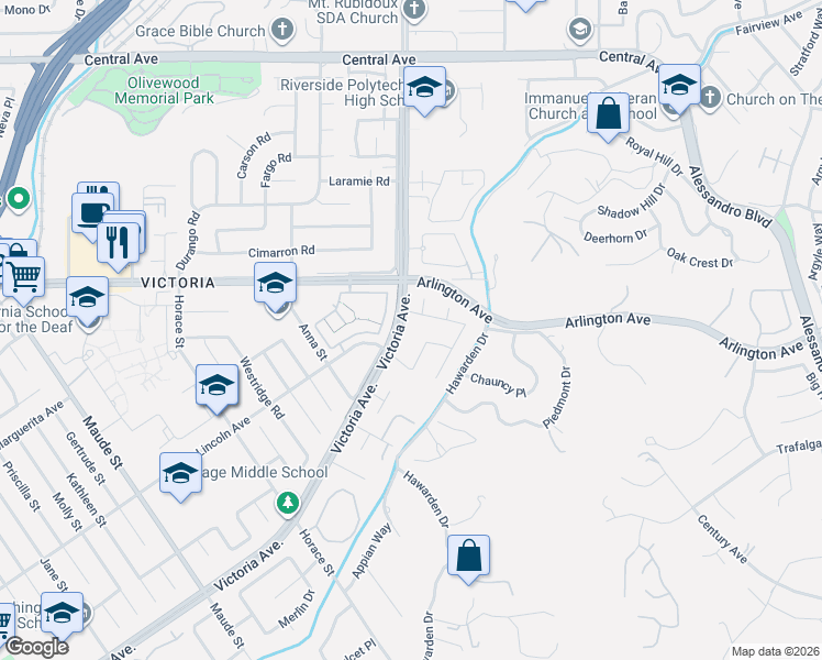 map of restaurants, bars, coffee shops, grocery stores, and more near 5910 Marley Drive in Riverside