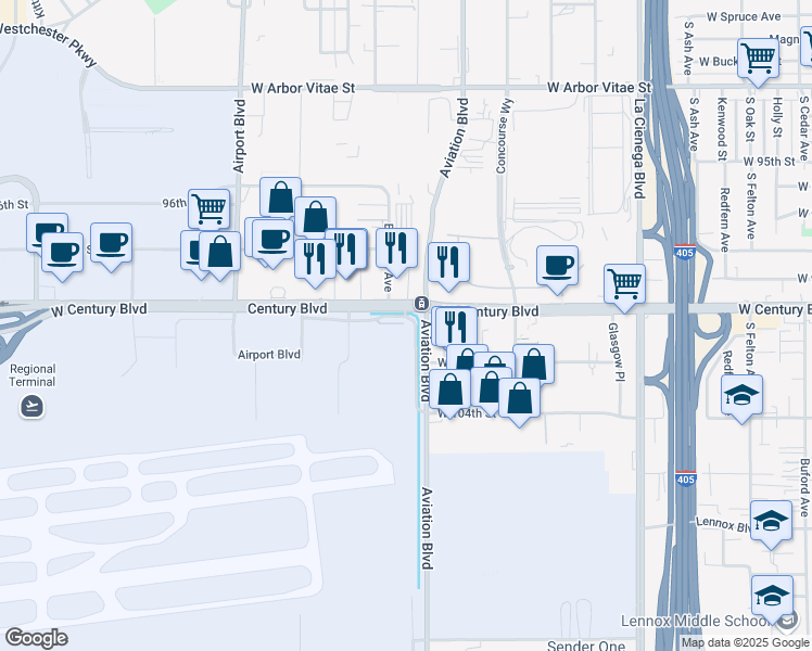 map of restaurants, bars, coffee shops, grocery stores, and more near 5600 West Century Boulevard in Los Angeles