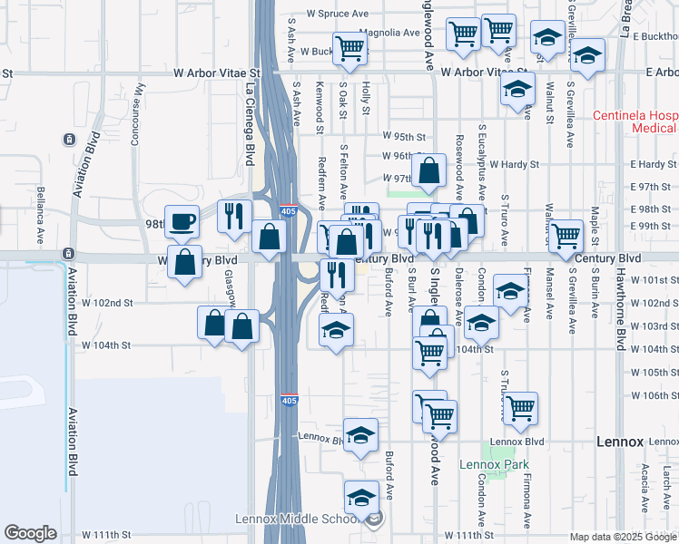 map of restaurants, bars, coffee shops, grocery stores, and more near 5014 West Century Boulevard in Inglewood
