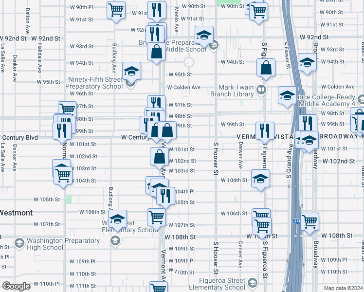 map of restaurants, bars, coffee shops, grocery stores, and more near West 101st Street in Los Angeles