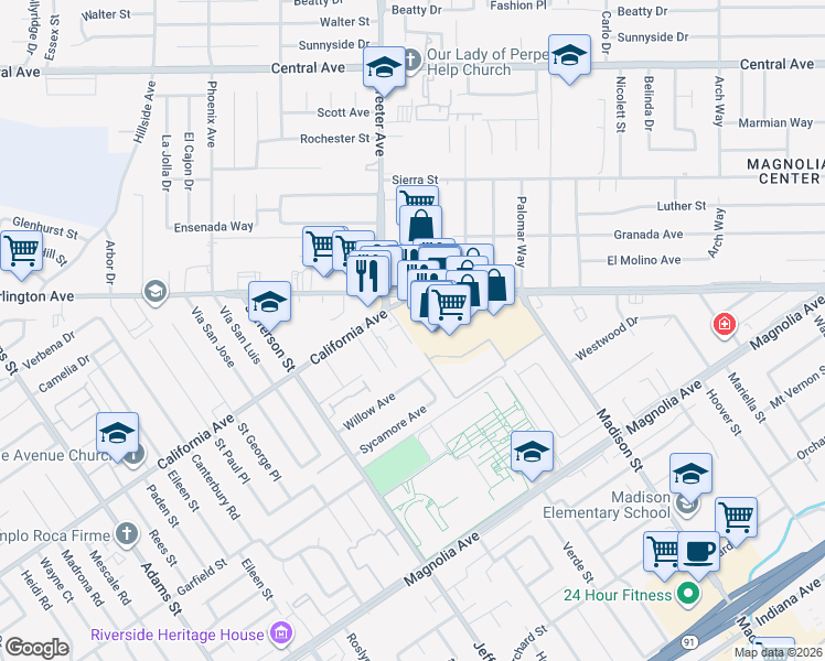 map of restaurants, bars, coffee shops, grocery stores, and more near 4151 Melrose Street in Riverside