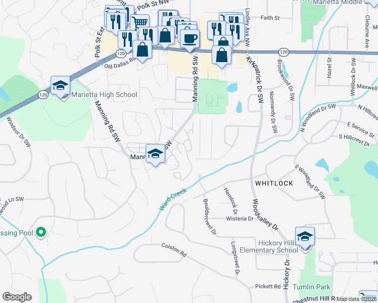 map of restaurants, bars, coffee shops, grocery stores, and more near 863 Cannon Gate Crossing in Marietta