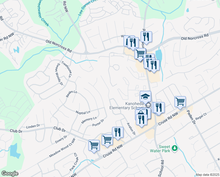 map of restaurants, bars, coffee shops, grocery stores, and more near 1315 Avalon Drive in Lawrenceville