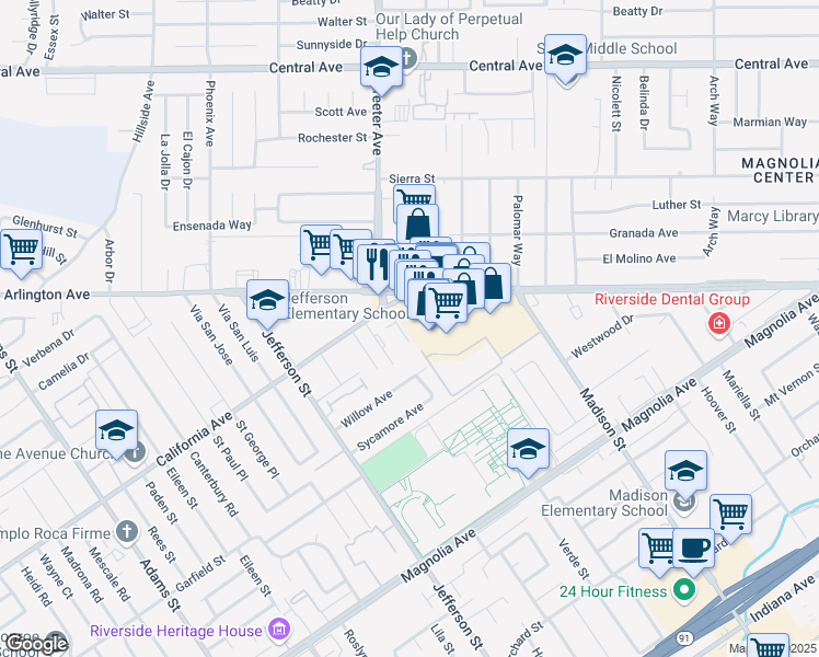 map of restaurants, bars, coffee shops, grocery stores, and more near in Riverside