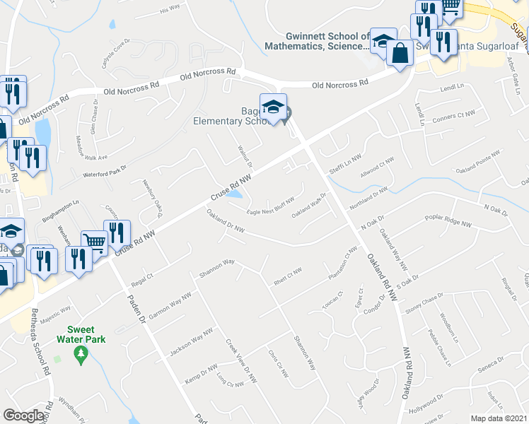 map of restaurants, bars, coffee shops, grocery stores, and more near 2175 Eagle Nest Bluff NW in Lawrenceville