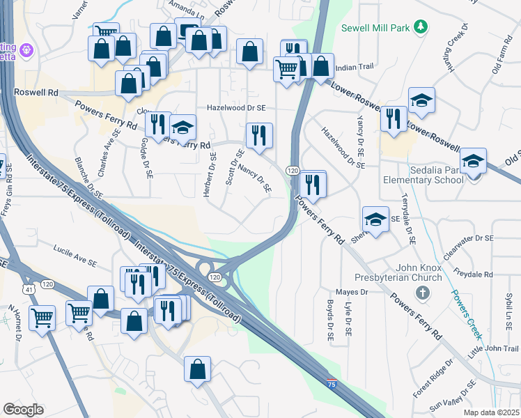 map of restaurants, bars, coffee shops, grocery stores, and more near 1774 Crestridge Drive Southeast in Marietta