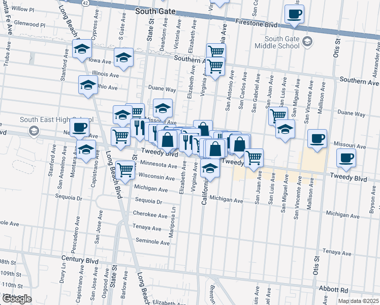 map of restaurants, bars, coffee shops, grocery stores, and more near 3419 Tweedy Boulevard in South Gate