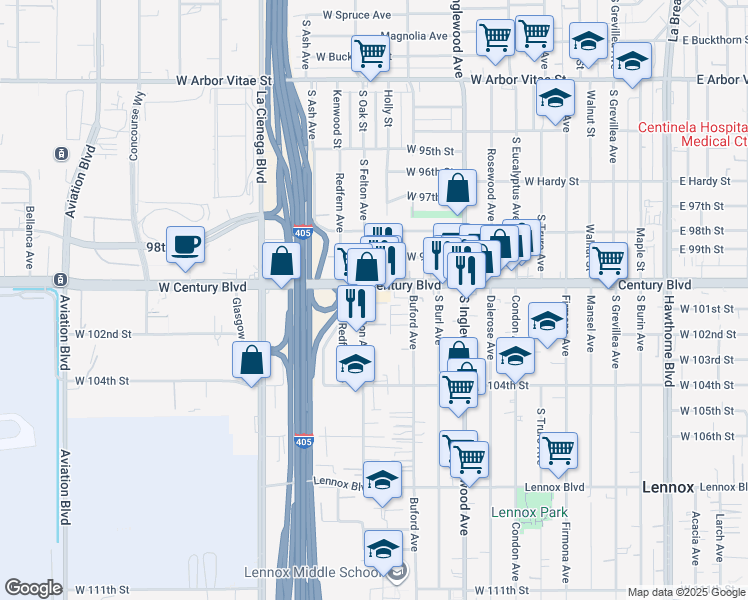 map of restaurants, bars, coffee shops, grocery stores, and more near in Inglewood