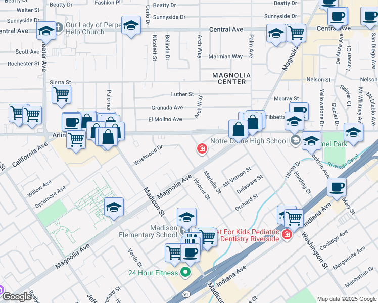 map of restaurants, bars, coffee shops, grocery stores, and more near 3855 Westwood Drive in Riverside